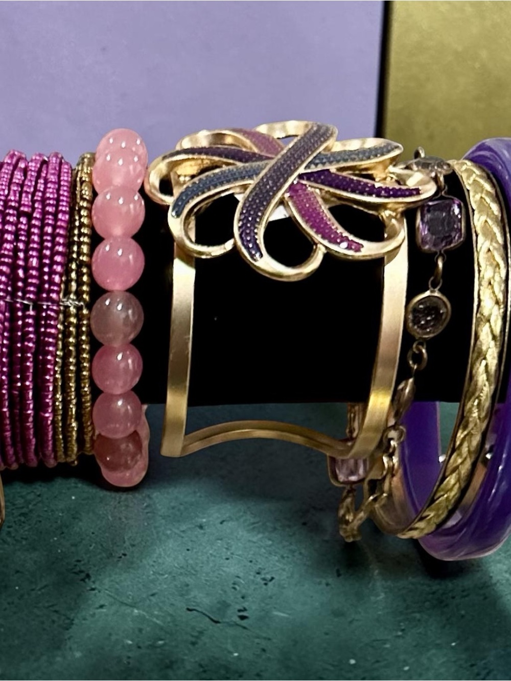Vintage Boho Purple Gold Bracelet Lot Stack Cuffed Beaded Enamel Bangle Set 8pc - Picture 2 of 8